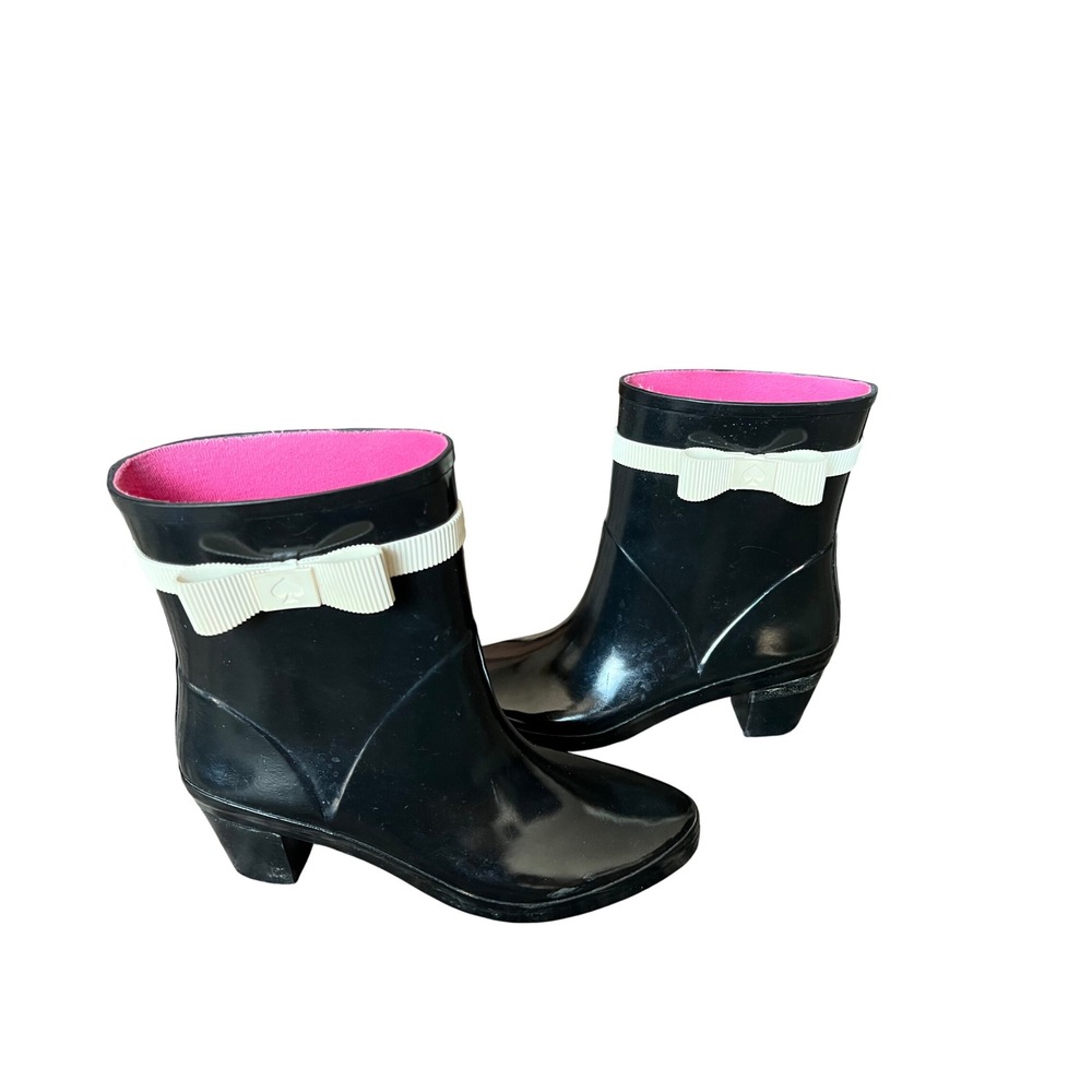 Black Rubber Rain Ankle Boots with Bow Accent‎ and Pink Lining